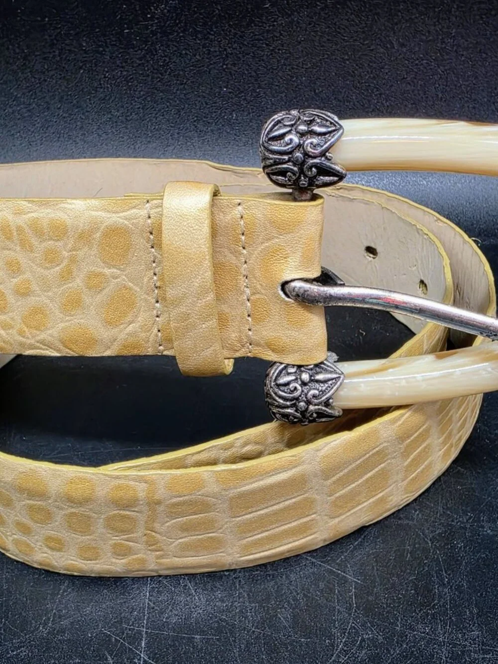 Sandy Duftler Vintage Embossed Crocodile Print Leather Belt #6373 Small Cowgirl